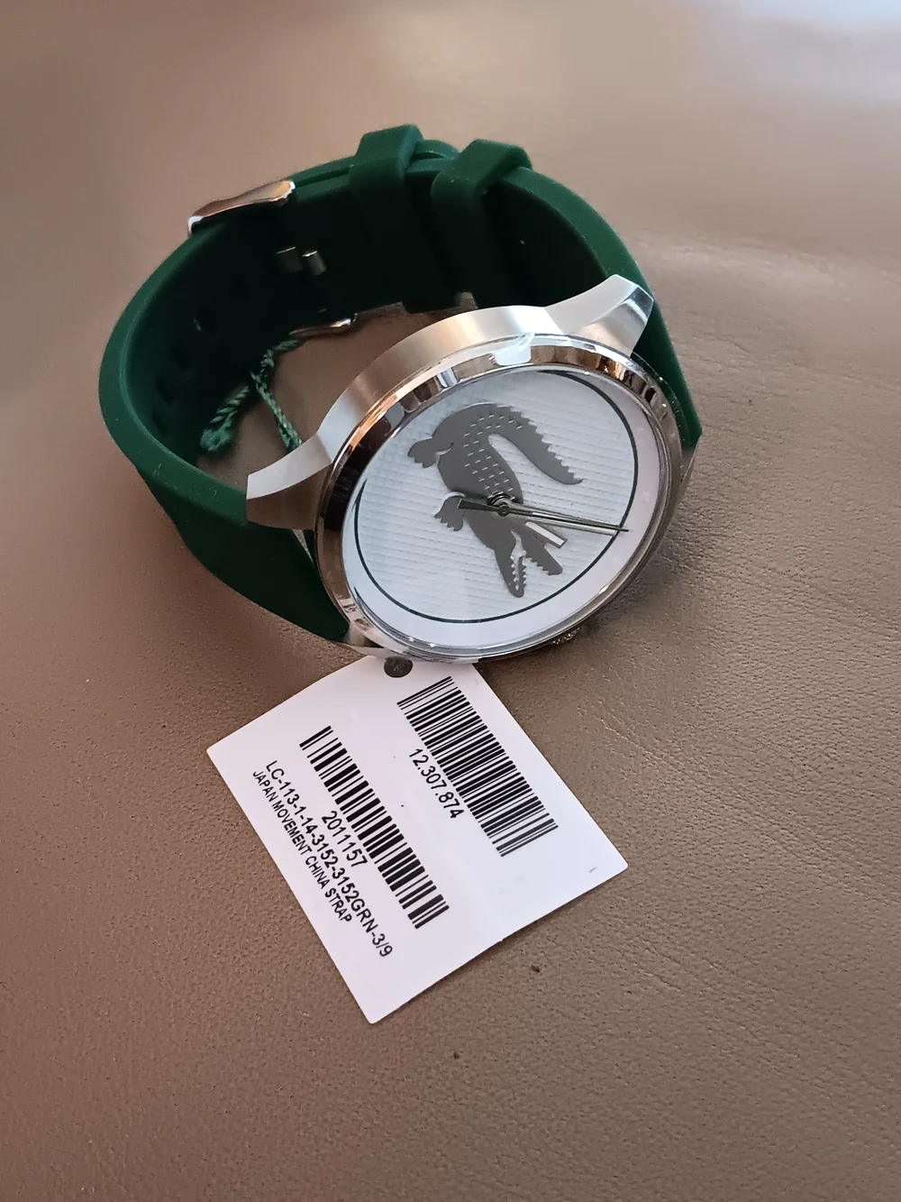 Lacoste Silver Dial Watch with Green Strap and Crocodile Logo
